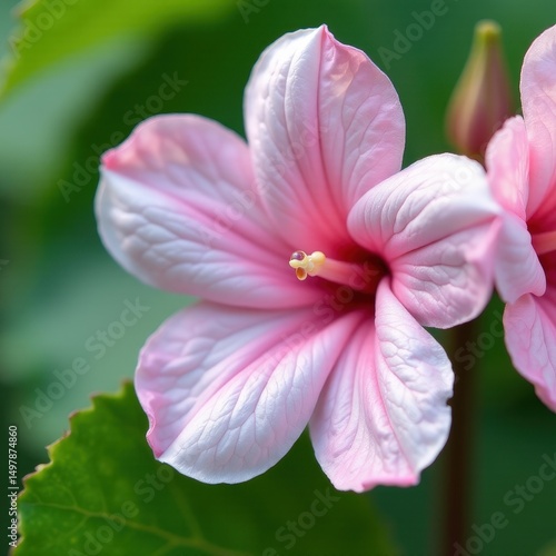 Close-up of pink hibiscus flowers in full bloom against a green background.