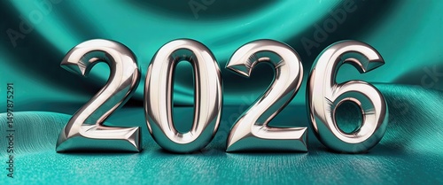 Happy New Year 2026 Digital Art Preview: Metallic Silver 2016 Render on Teal Background. A close up of the number '2026' on a teal background.