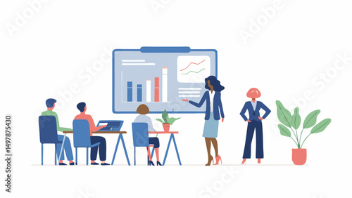 Business presentation with a woman presenting a chart to a group of people in a conference room setting