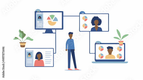 Illustration of a person standing amidst screens displaying charts and video conference participants