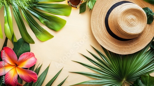 Tropical Summer Flatlay Beige Background, Straw Hat, Plumeria, Palm Leaves, Sunglasses. Summer, Vacation