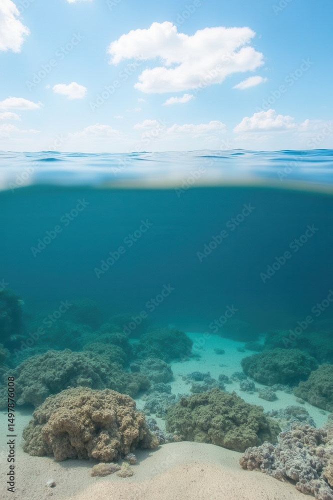 horizontal scene showing tranquil sea floor with distinct visual layers from sand to coral to water surface. horizontal scene showing tranquil sea floor with distinct visual layers from sand to coral to water surface.