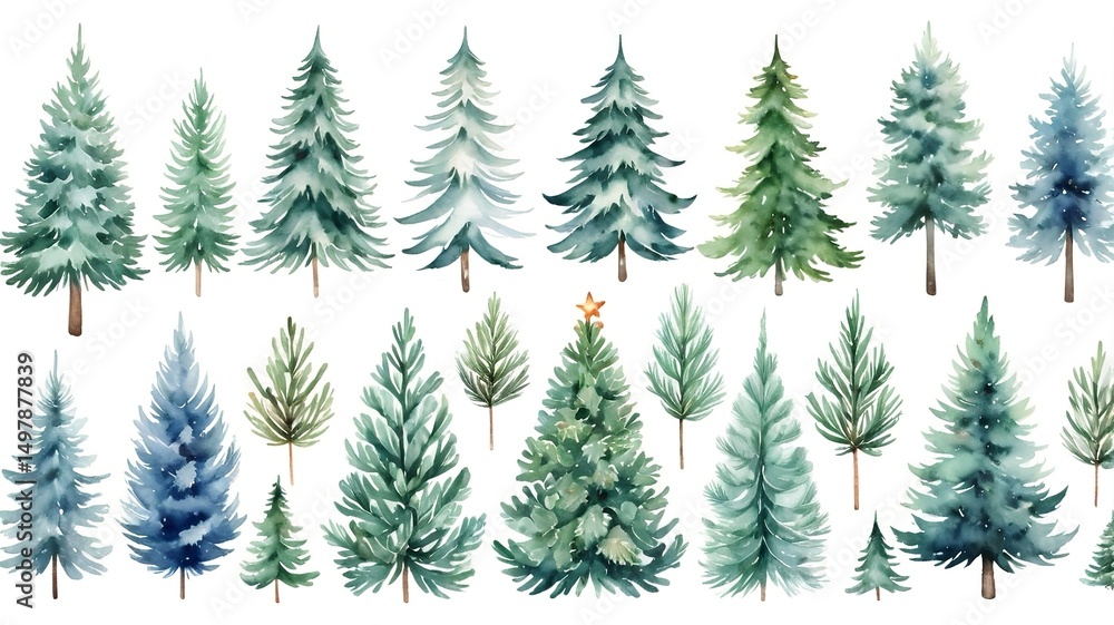 Obraz premium A watercolor of Winter Christmas fir-tree collection on a white background.