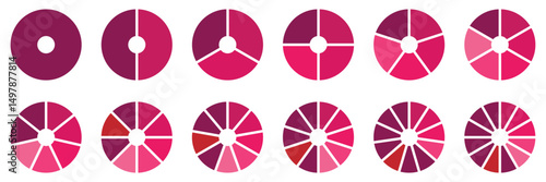 Pie charts diagram set. Circle pie charts 1,2,3,4,5,6,7,8,9,10,11,12 sections. Wheel round segment infographic part.  Circle section graph. Pie charts diagrams. 