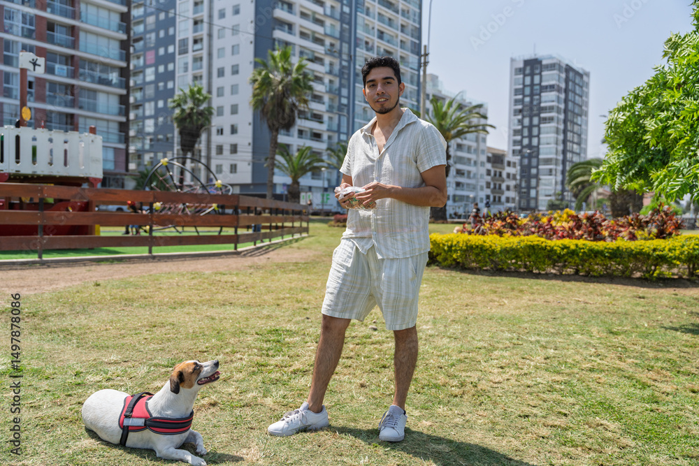 Fototapeta premium Man walking dog in urban park on sunny day