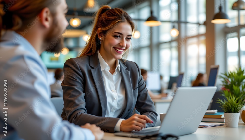 A woman in a business suit is smiling at a laptop computer A woman in a business suit is smiling at a laptop computer
