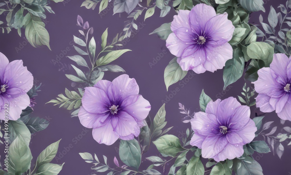 Obraz premium Delicate purple watercolor floral blooms and lush leaves , painting, soft, art
