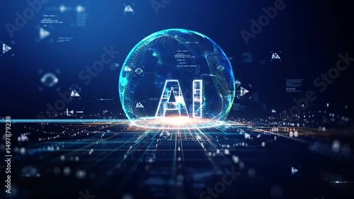 Futuristic digital concept of artificial intelligence with glowing AI text, data network, big data, and chatbot technology on blue technology background. Perfect for tech and innovation themes.