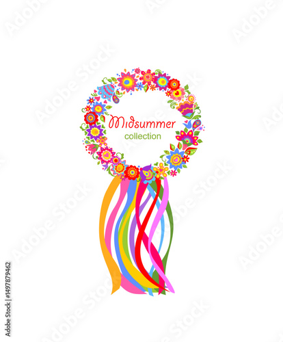 Night before Ivan Kupala. Flowers door decorative wreath collection with  colorful ribbons isolated on white background. Slavic midsummer holiday background. Part 1