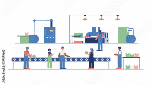 Illustration of a factory assembly line with workers and machinery processing and packaging products