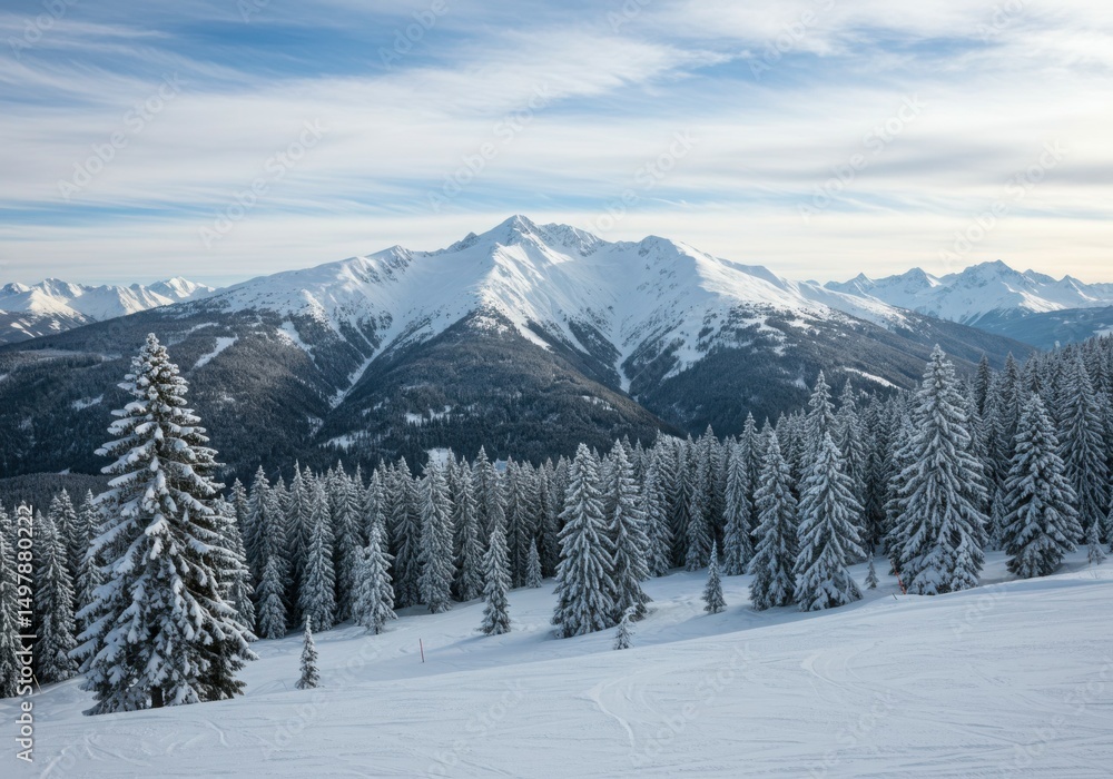 Snow covered alpine mountains and evergreen forest winter landscape Snow covered alpine mountains and evergreen forest winter landscape