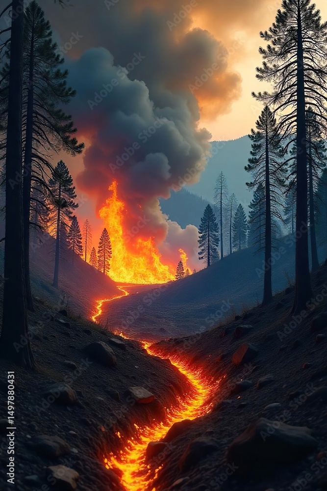 Fototapeta premium Fierce flames engulf a dry forest, creating a dramatic scene of nature's destructive power Smoke billows across the charred landscape, leaving behind a trail of devastation , air pollution, blaze