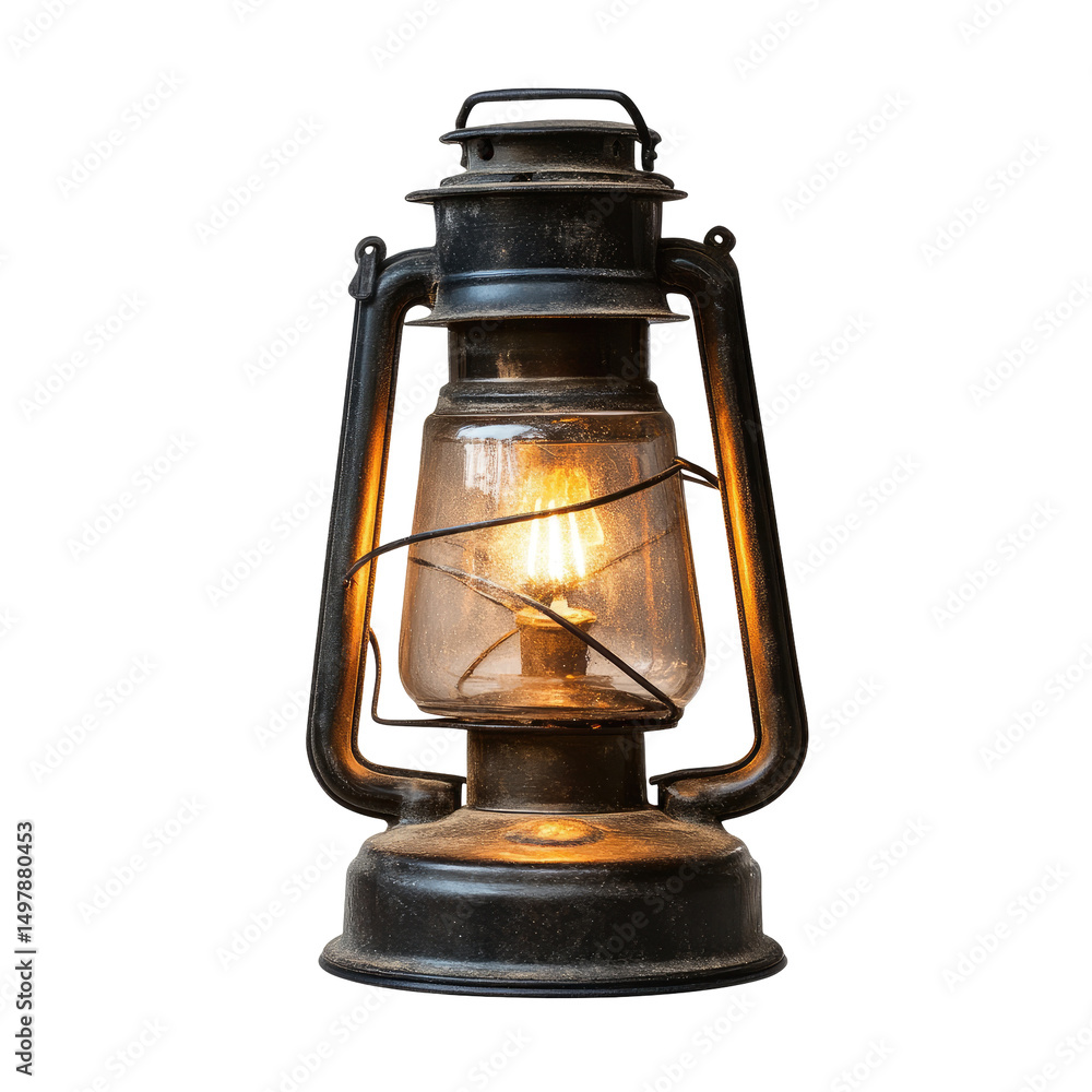 A weathered, metal kerosene lantern glows dimly, its glass clouded with age, casting a warm light A weathered, metal kerosene lantern glows dimly, its glass clouded with age, casting a warm light