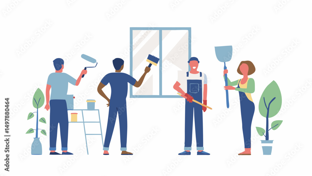 Group of people painting a room with rollers and brushes near a window and plants in the background Group of people painting a room with rollers and brushes near a window and plants in the background