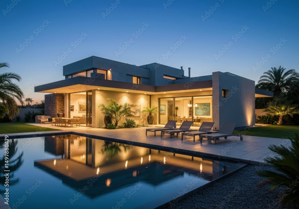 Obraz premium Modern luxury home with infinity pool at dusk