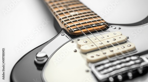 Close-up electric guitar neck on white background