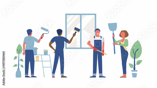 Group of people painting a room with rollers and brushes near a window and plants in the background