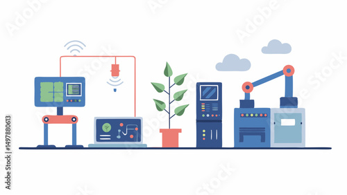 Illustration of modern automated factory setup with robots, computers, plant and cloud elements shown nicely
