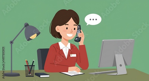 Woman Talking on Phone at Desk in Office Illustration