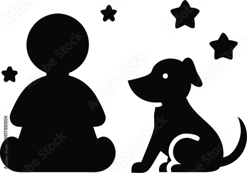 Child and Dog Silhouette Under Stars - Pet Bond Vector Illustration