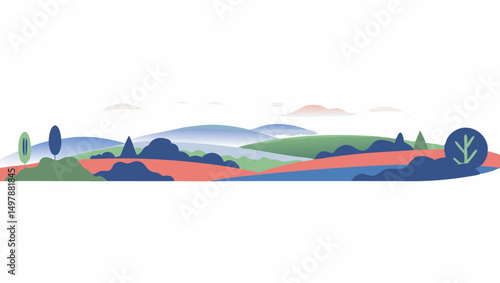 Illustration of a landscape with rolling hills, trees, and distant mountains under a bright, clear sky scene