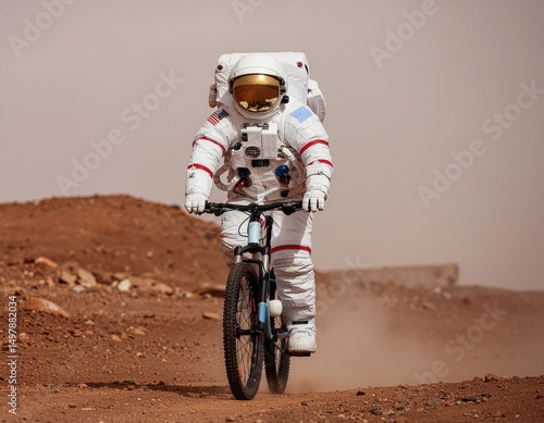 Astronaut's Martian Ride: An astronaut, in a pristine spacesuit, fearlessly cycles across the dusty surface of Mars, a symbol of exploration and adventure.