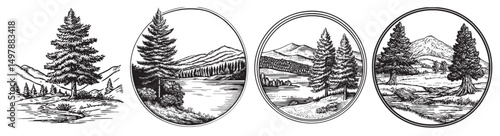 Black and White Illustrations of Scenic Forest Landscapes, logo design, engraving design, vector illustration