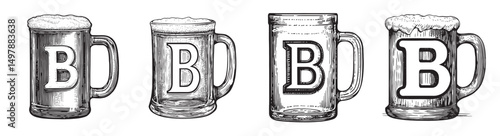 Vintage Style Beer Mugs with Letter B in Engraved Design, vintage retro hipster logo design, vector illustration, engraving design