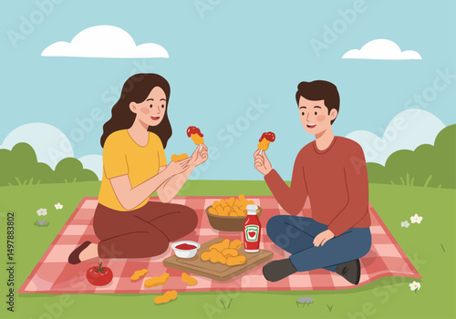 A couple enjoys a picnic with nuggets and dipping sauce outdoors. They're smiling and relaxed, creating a cheerful, casual scene. Perfect for food, lifestyle, or family imagery.