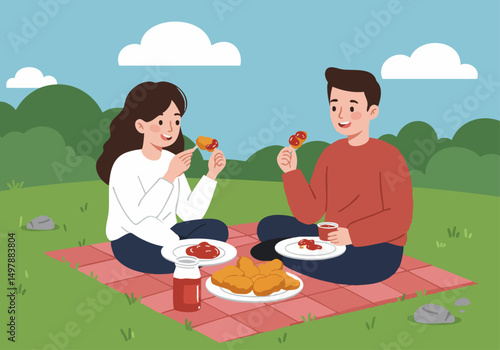couple enjoys a picnic with nuggets and dipping sauce outdoors They're  and sharing food creating a joyful and relaxed scene Bright cheerful and perfect for food or lifestyle imagery