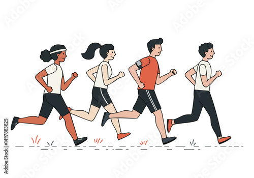 Diverse runners sprint together, promoting unity and fitness. Bold lines and a dynamic composition create a vibrant, energetic image suitable for health and wellness campaigns.