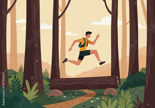 A dynamic young man runs through a forest trail, energized and outdoors. Vibrant colors and a clear composition create a visually appealing image for active lifestyle marketing.