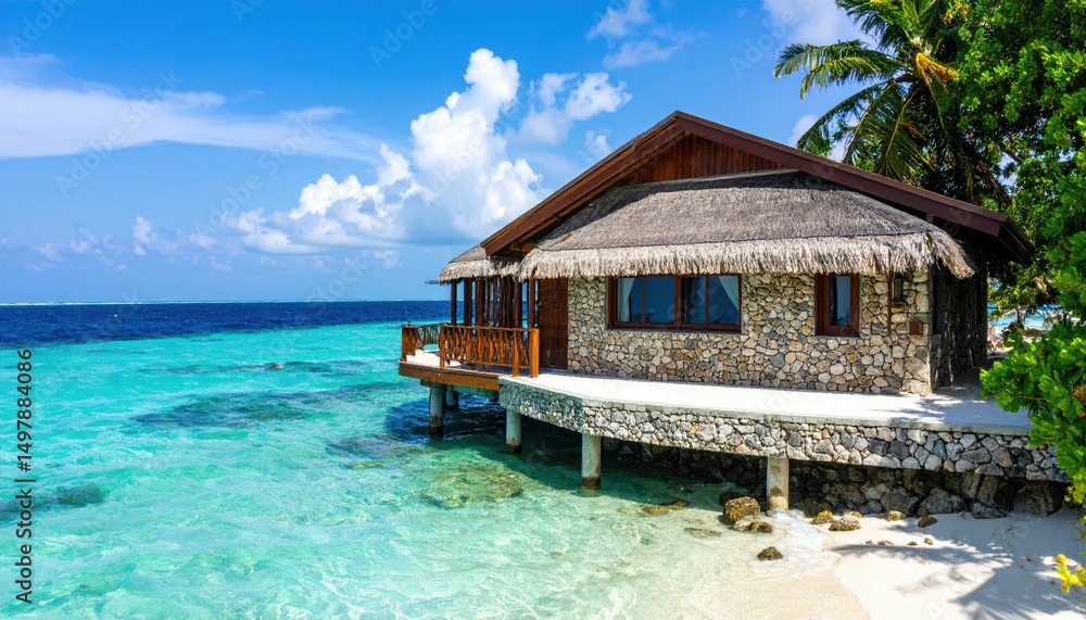 Fototapeta premium Coastal Bungalow with Coral Stone Design in Maldivian Paradise