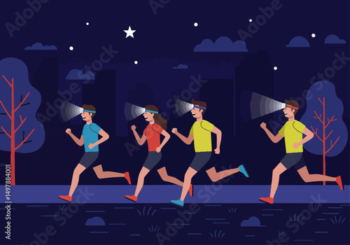 Four runners illuminate a nighttime cityscape with headlamps. A vibrant, energetic scene perfect for fitness, adventure, or lifestyle visuals. Modern, graphic style.