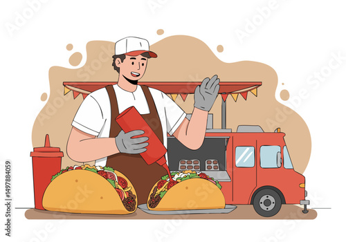 A friendly food truck vendor expertly applies sauce to delicious tacos. Vibrant colors and a clear composition make this image ideal for food marketing.