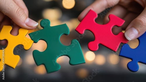 Colorful Puzzle Pieces Held by Hands Symbolizing Teamwork and Unity