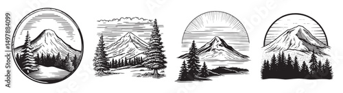 Detailed Vintage Illustrations of Mountains with Trees Landscape, vintage retro hipster logo design, vector illustration, engraving design