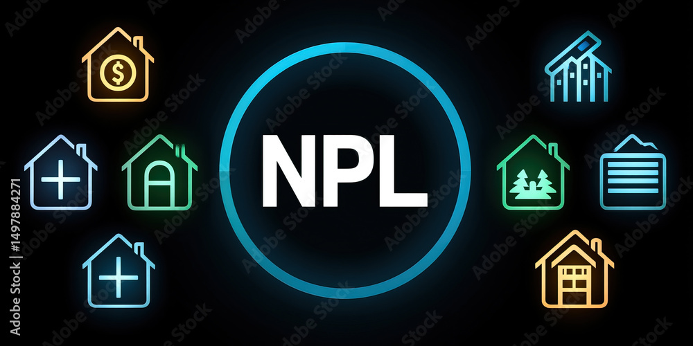 NPL concept with real estate icons representing various property types and financial elements in modern digital style NPL concept with real estate icons representing various property types and financial elements in modern digital style