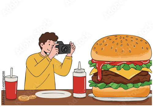 A young man captures a giant burger with a camera, showcasing a delicious food shot. Bright colors and a playful composition make this image ideal for food marketing.