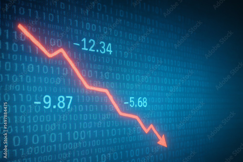 A digital display showcasing a downward trend in financial data, represented by a red line against a backdrop of binary code. Perfect for illustrating market declines.