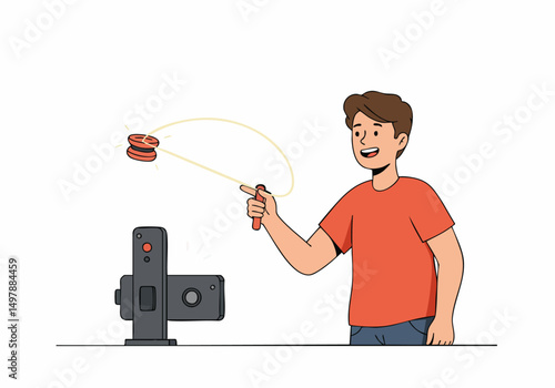 A young man playfully throws a toy at a smartphone camera. Bright, cheerful illustration with a modern style. Ideal for tech, lifestyle, and social media concepts.