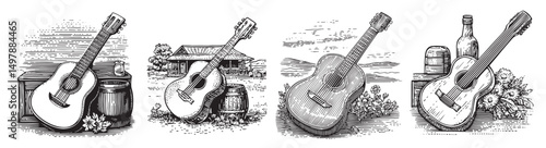 Vintage Illustrations of Acoustic Guitars in Rustic Settings, vintage retro hipster logo design, vector illustration, engraving design