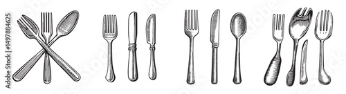 Vintage Cutlery Set with Forks, Knives, and Spoons Illustration, vintage retro hipster logo design, vector illustration, engraving design