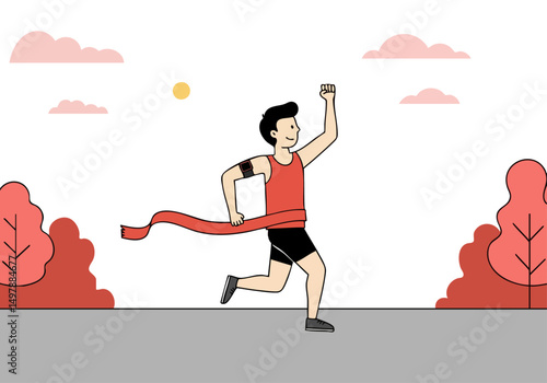 A runner celebrates finishing a race, raising their arm in victory. Dynamic illustration with a vibrant sunset backdrop. Perfect for fitness, achievement, and motivation visuals.