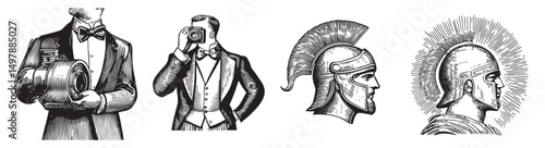 Explore a collection of vintage black and white illustrations showcasing a photographer in tuxedo and a Roman soldier in helmet, symbolizing artistry and heritage.