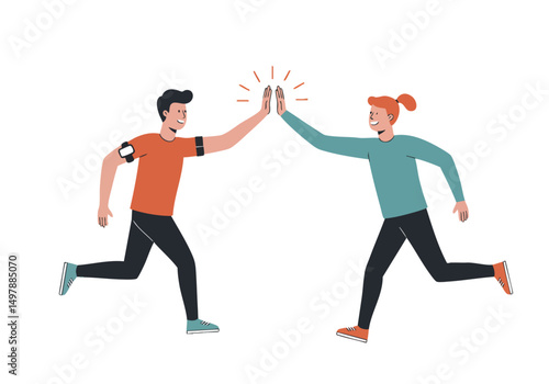 Two runners high-five, celebrating a run together. Energetic and joyful, showcasing fitness and camaraderie. Modern illustration style.