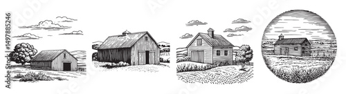 A collection of detailed vintage illustrations showcasing rustic farmhouses and barns in serene landscapes, perfect for conveying rural charm and simplicity.