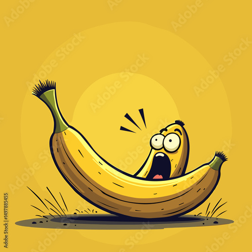 Cartoon banana character expressing surprise on yellow background   photo