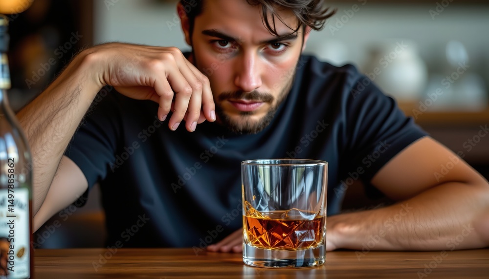 Thoughtful Young Man Contemplating a Glass of Whiskey in Modern Bar Setting with Warm Lighting Thoughtful Young Man Contemplating a Glass of Whiskey in Modern Bar Setting with Warm Lighting