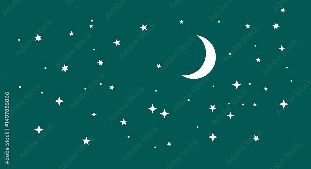 Fototapeta premium Viewing Crescent Moon and Stars on Teal Night Sky